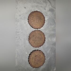 Set of 3 Rustic Carved Wood Coasters - Brown